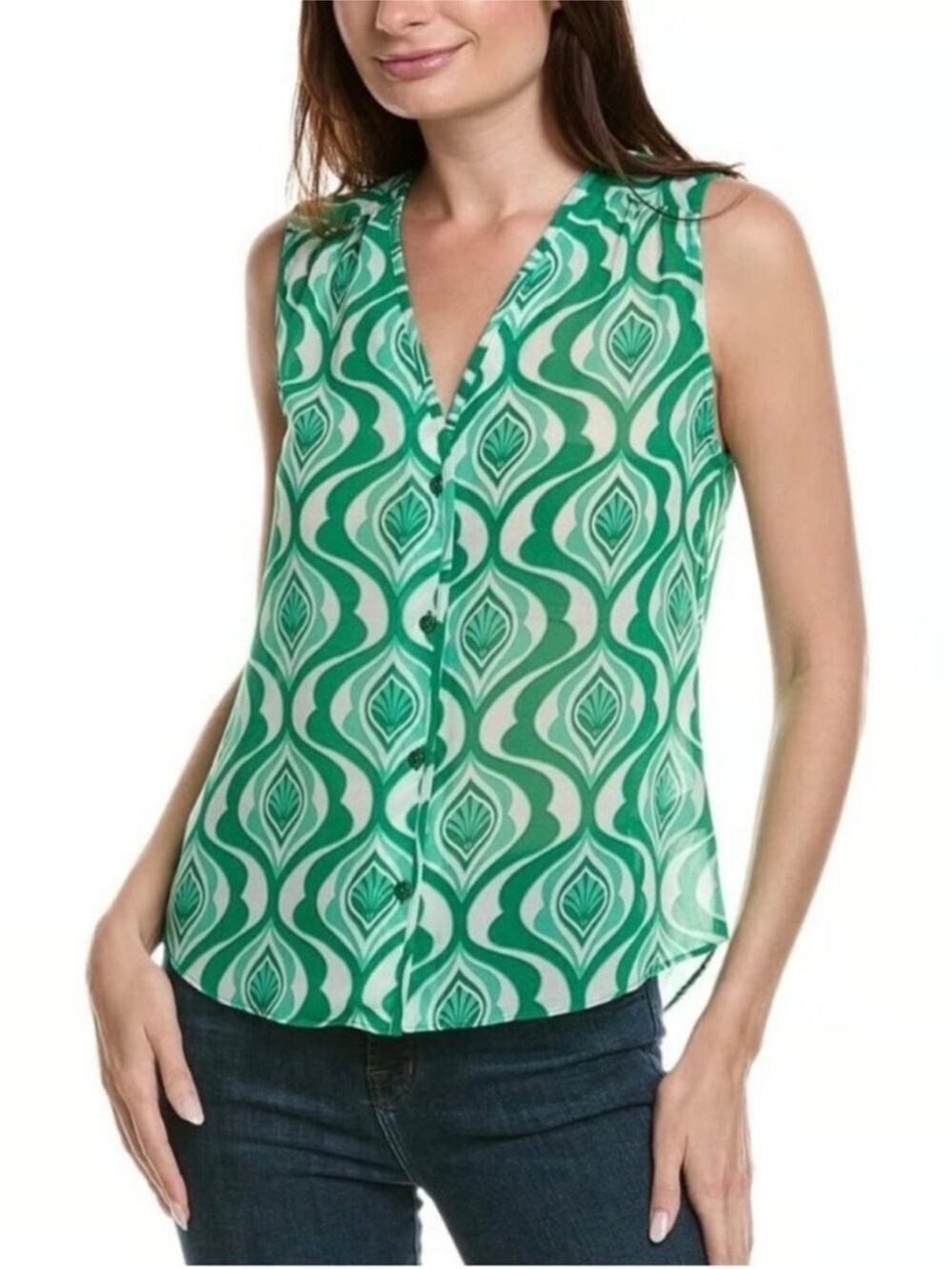 CABI Sleeveless Green Geometric Print Blouse flowy and bright size M fast ship